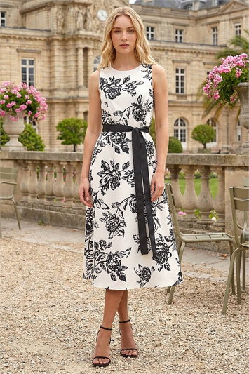 White Monochrome Printed Satin Midi Dress