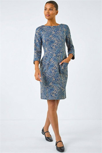 Blue Paisley Print Pocket Shift Stretch Dress
