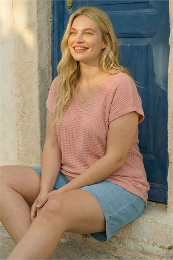 Pink Curve Textured V-Neck Tunic Top