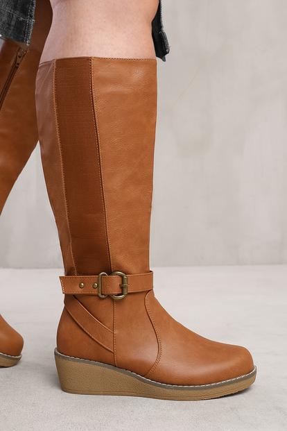 Brown 'Ayleen' Wide Calf Wedge Heel Knee High Boots