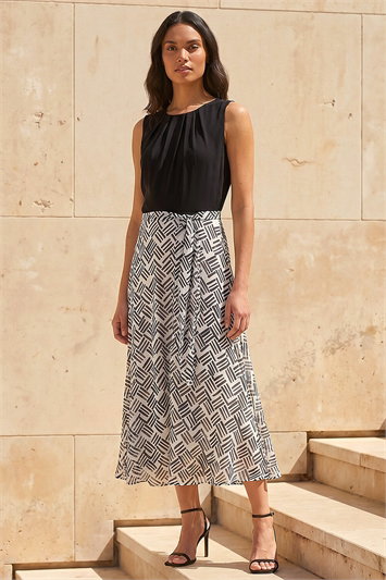 Black Pleat Neck Contrast Print Midi Dress