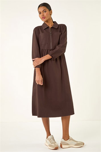 Brown Front Zip Midi Dress