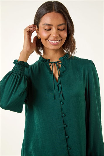 Green Ruffle Front Tie Neck Blouse