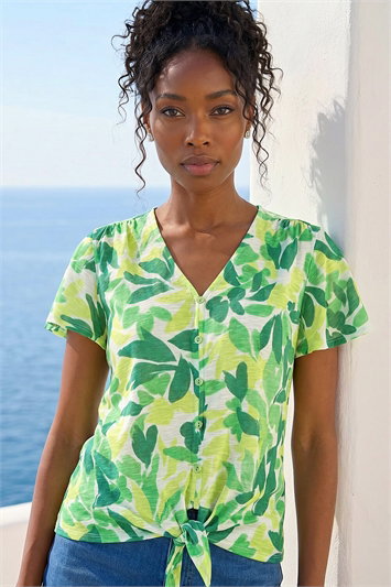 Green Leaf Print Tie Front Top