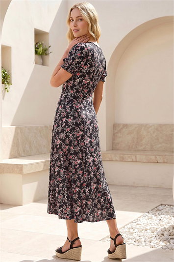 Rose Print Ruched Midi Dress 14843908