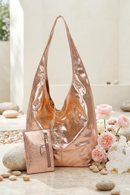 Multi Rose Gold Metallic Slouch Shoulder Bag & Mini Pouch – Lucie