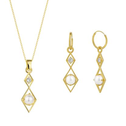 Metallic Sterling Silver Rhombus 3D Pearl Necklace And Earring Set