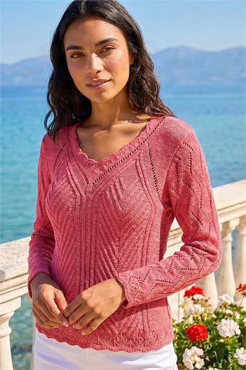 Pink Scallop V-Neck Knit Jumper