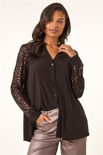 Brown Embellished Sequin Stretch Blouse
