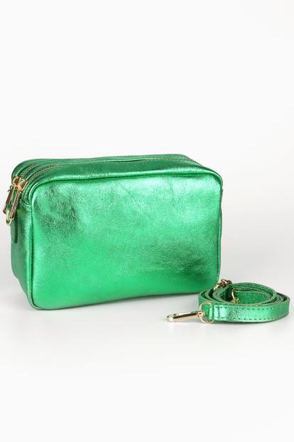 Pink Double Zip Metallic Leather Crossbody Bag