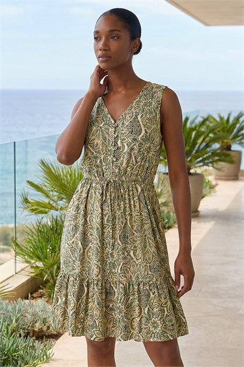 White Petite Paisley Tie Waist Dress