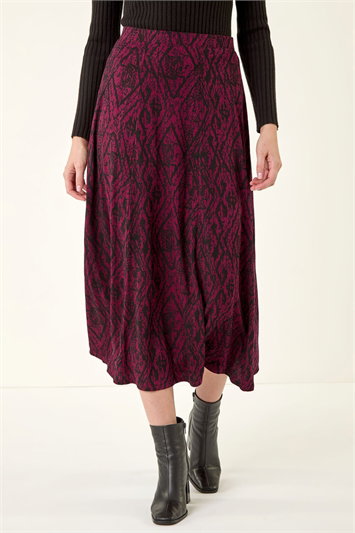 Red Abstract Diamond Print Midi Skirt