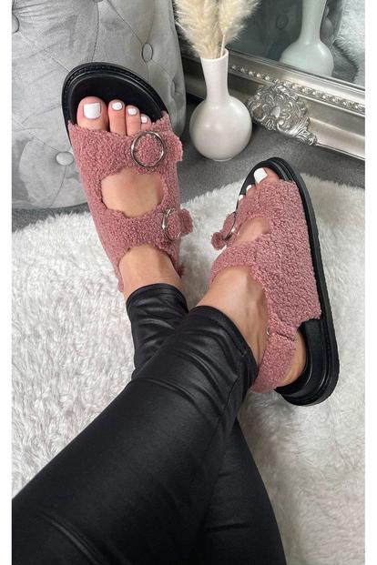 Black Zahra Faux Fur Double Buckle Sliders