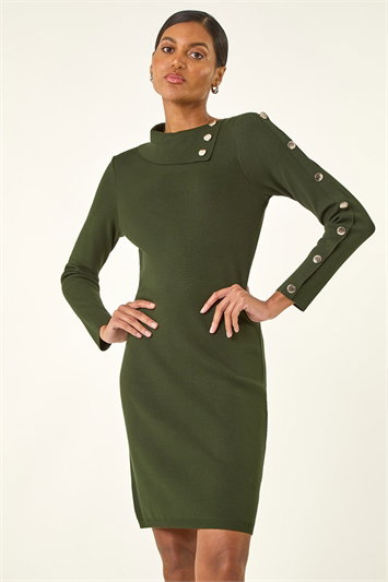 Green Button Detail Roll Neck Jumper Dress