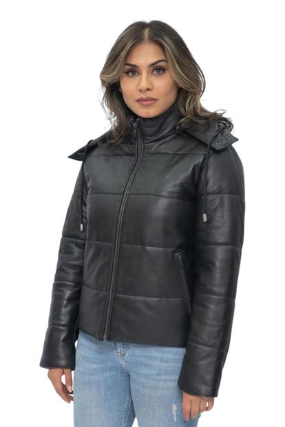Black Womens Puffer Leather Bomber Jacket-Ajax