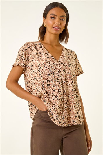 Cream Animal Print V-Neck Pleat Front Top