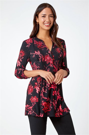 Pink Paisley Print Pintuck Stretch Top