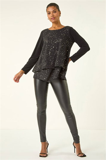 Foil Print Chiffon Overlay Tunic Top 19455708