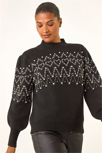 Black Jacquard Faux Pearl Knit Jumper