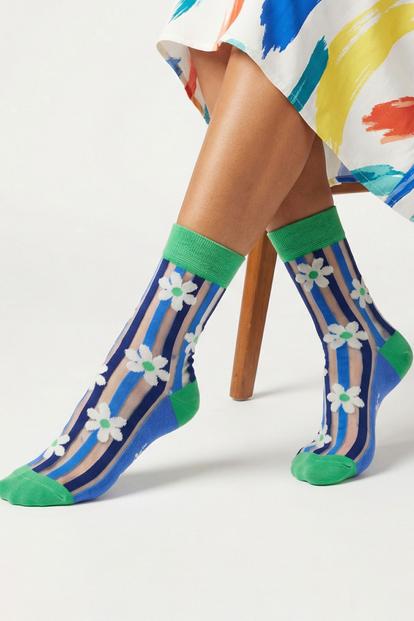 Multi Daisy Stripes Combed Cotton Sheer Pop Socks In Green