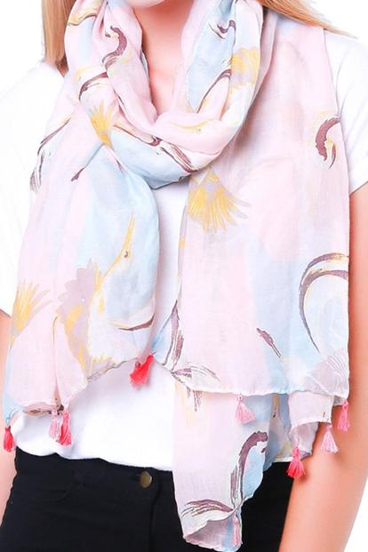 Pink Crane Bird Tasselled Lightweight Scarf