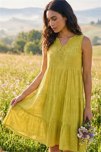 Green Cotton Trim Detail Smock Dress
