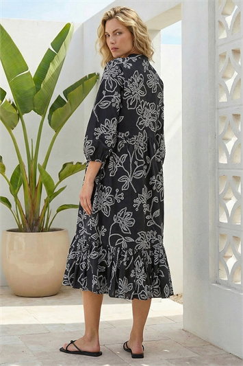 Floral Puff Print Buttoned Midi Dress 14886308