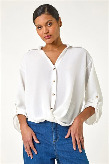 White Twist Hem V-Neck Shirt