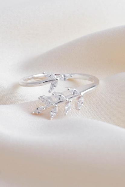 Metallic Sterling Silver Cz Olive Leaf Ring