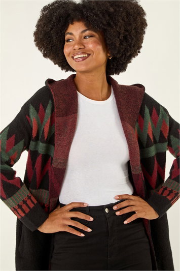 Black Nordic Pattern Hooded Knit Cardigan