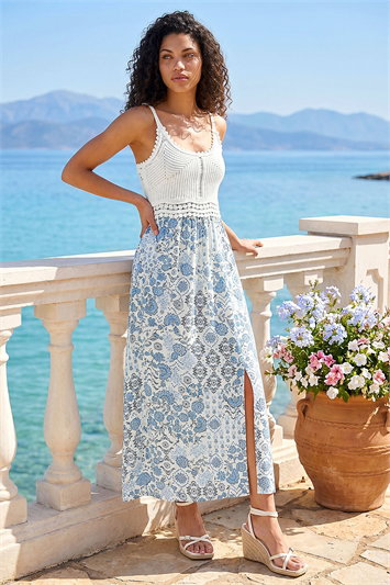 Blue Petite Print Crochet Midi Dress