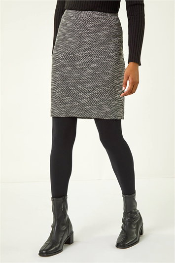 Black Textured Stretch Knee Length Skirt