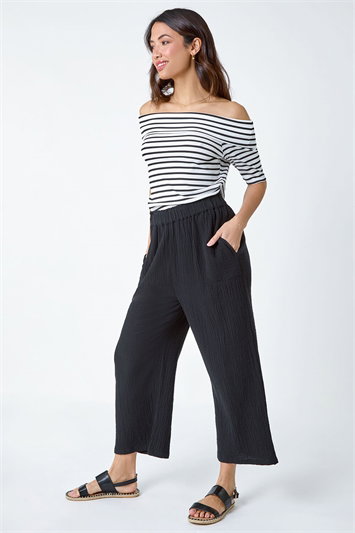 Textured Cotton Elastic Waist Culotte Trousers 18053708