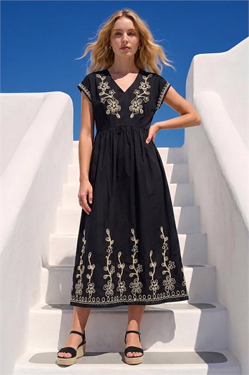Black Embroidered V-Neck Midi Dress