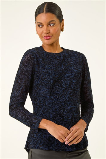 Blue Flock Mesh Textured Top