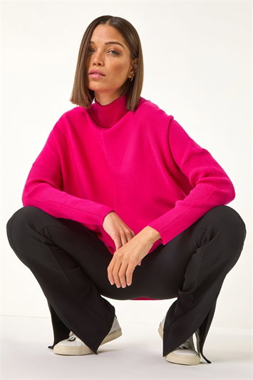Pink Ribbed High Neck Knit Jumper
