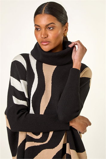 Black Wave Print Roll Neck Knit Jumper
