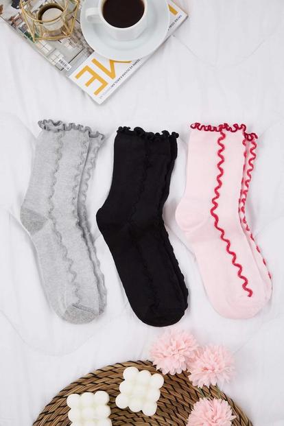 Multi 3 Pair Cotton Stripe Jacquard Knit Crew Socks
