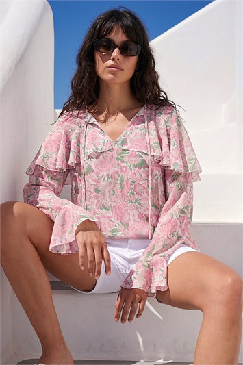 Pink Floral Print Tie Front Top