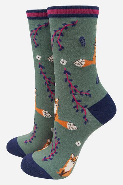 Green Woodland Fox Bamboo Socks - Green
