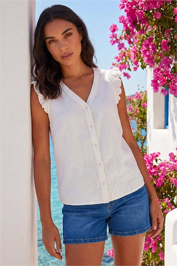 White Linen Blend Frill Sleeve Vest