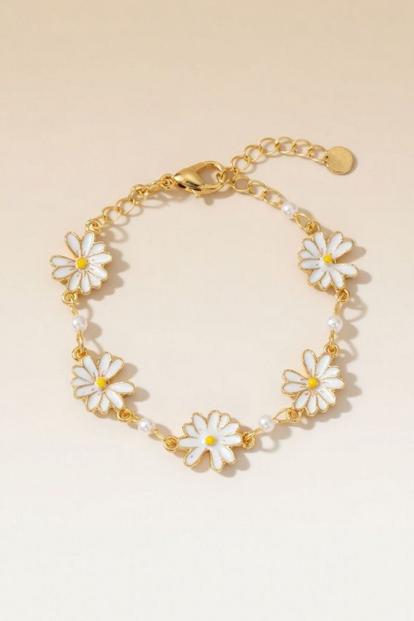 White Gold Plated Sun Flower Charms Summer Indie Boho Daisy Floral Bracelet