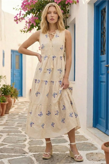White Butterfly Print Tiered Midi Dress