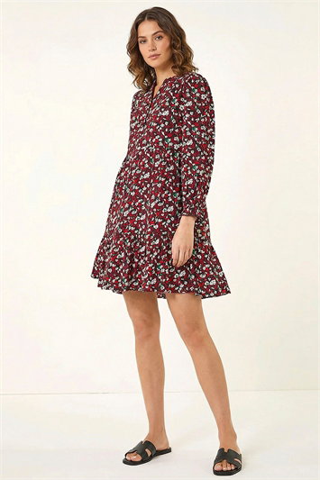 Red Floral Print Buttoned Dress