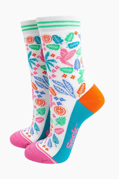 Multi Tropical Rainforest Parrot Bamboo Socks