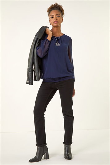 Blue Chiffon Banded Hem Pleated Necklace Top