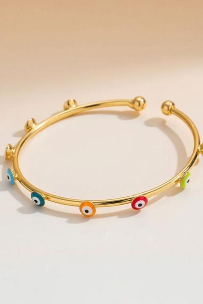 Blue Turkish Evil Eye Adjustable Boho Geometric Open Bracelet Bangle