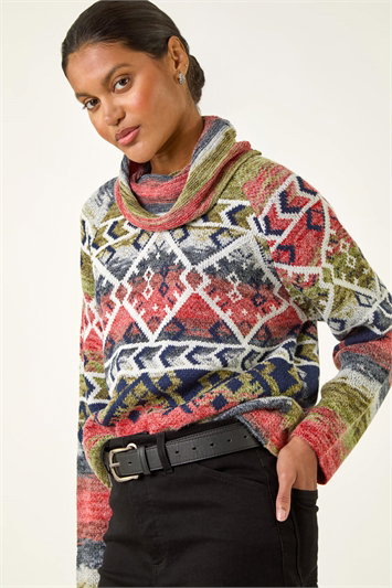 Orange Aztec Print Roll Neck Knit Jumper