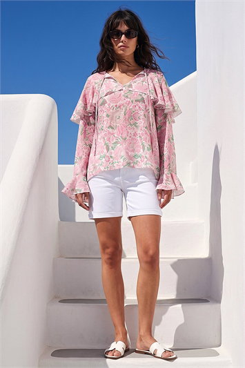 Floral Print Tie Front Top 20209572