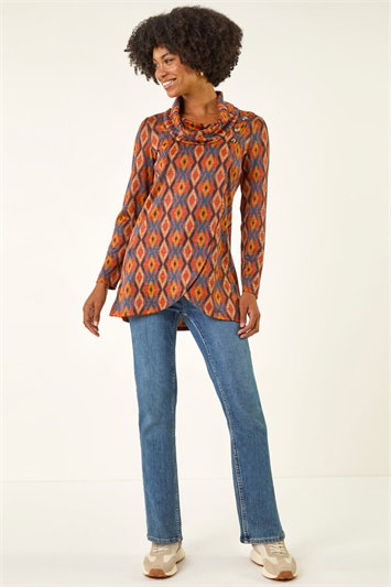 Abstract Print Cowl Neck Top 19450226